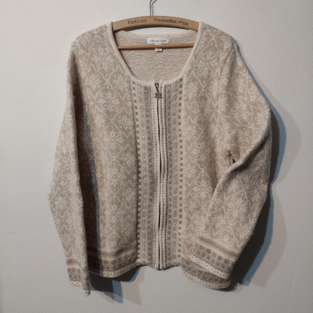 Scoop neck zip front sweater Coldwater Creek neutral Nordic Fair Isle vibe Large